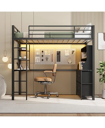 gaomon Twin Loft Bed with Desk, 4 Large Fabric Drawers and Open Shelves, Heavy Duty Metal Led Lights, Power Outlets