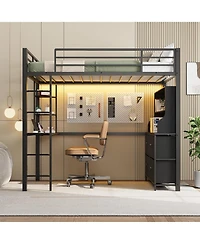 gaomon Twin Loft Bed with Desk, 4 Large Fabric Drawers and Open Shelves, Heavy Duty Metal Led Lights, Power Outlets
