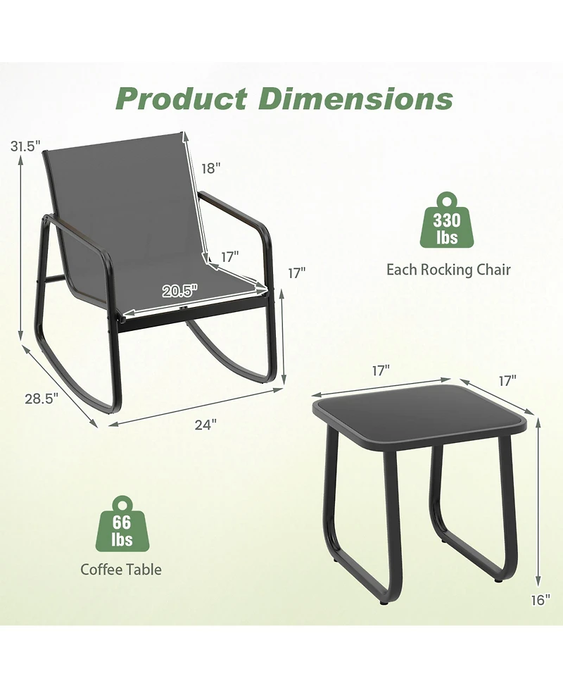 Gymax 3 Piece Patio Rocking Set 2 Rocking Bistro Chairs and Glass-Top Table for Porch