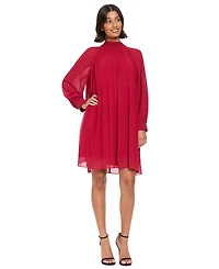 London Times Women's Petite Pleated Shift Long-Sleeve Mock-Neck Dress