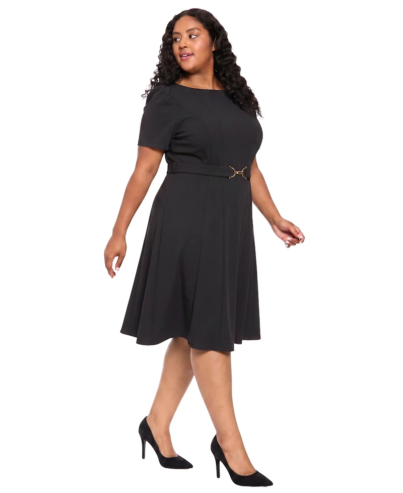 London Times Women's Plus Belted Fit & Flare Boat Neck Short Sleeve Dress