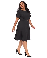London Times Women's Plus Belted Fit & Flare Boat Neck Short Sleeve Dress