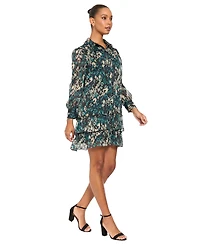London Times Women's Tiered Chiffon Long-Sleeve Ruffle Dress