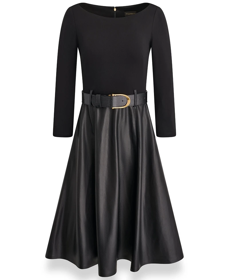 Donna Karan New York Women's Boat Neck Mixed Media Belted Fit & Flare Dress