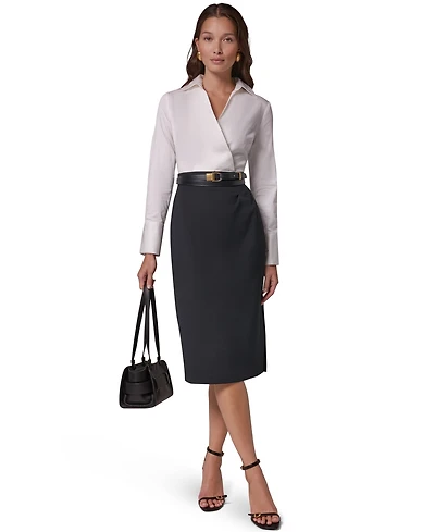 Long Sleeve Collared Mixed Media Belted Pencil Dress