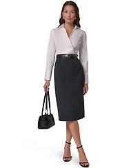 Long Sleeve Collared Mixed Media Belted Pencil Dress