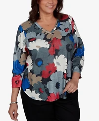 Alfred Dunner Plus Floral V-Neck 3/4-Sleeve Blouse