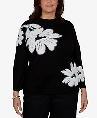 Alfred Dunner Plus 3/4-Sleeve Floral-Print Crewneck Pullover Sweater
