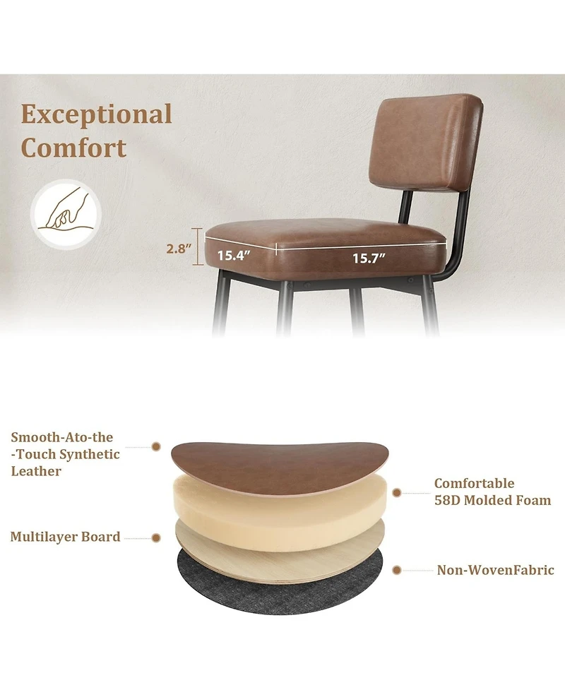 gaomon Set of 2 Counter Height Bar Stools, 26 Inch Faux Leather with Backrest for Kitchen Island Dining