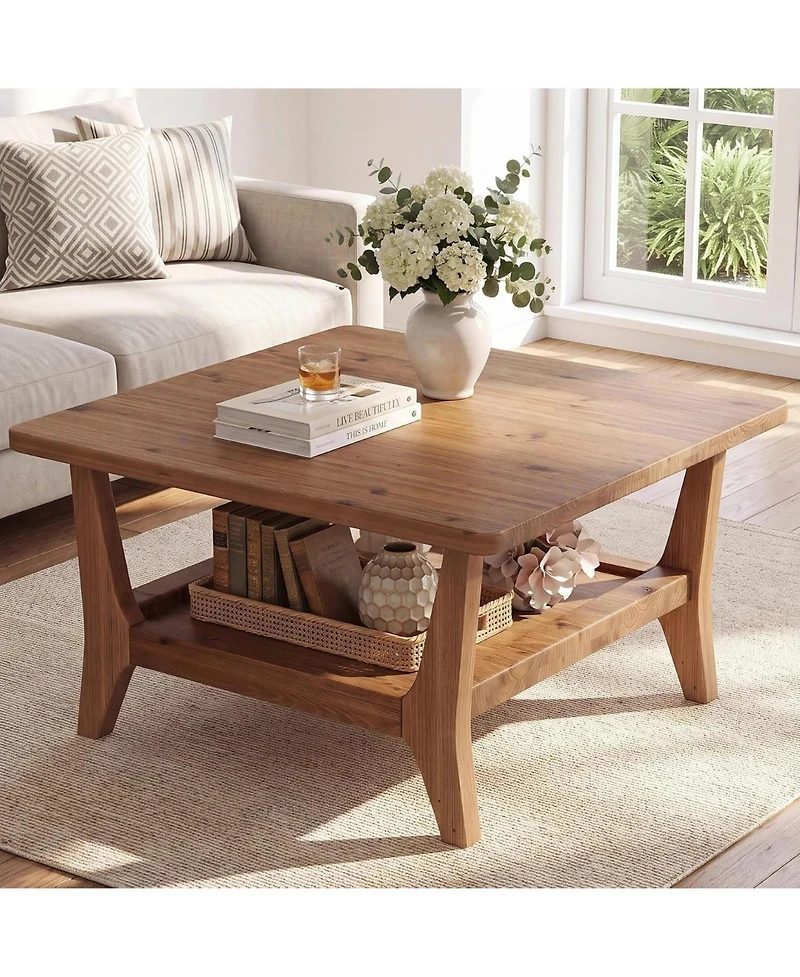Tribesigns Solid Wood Coffee Table 2-Tier Square Center Table