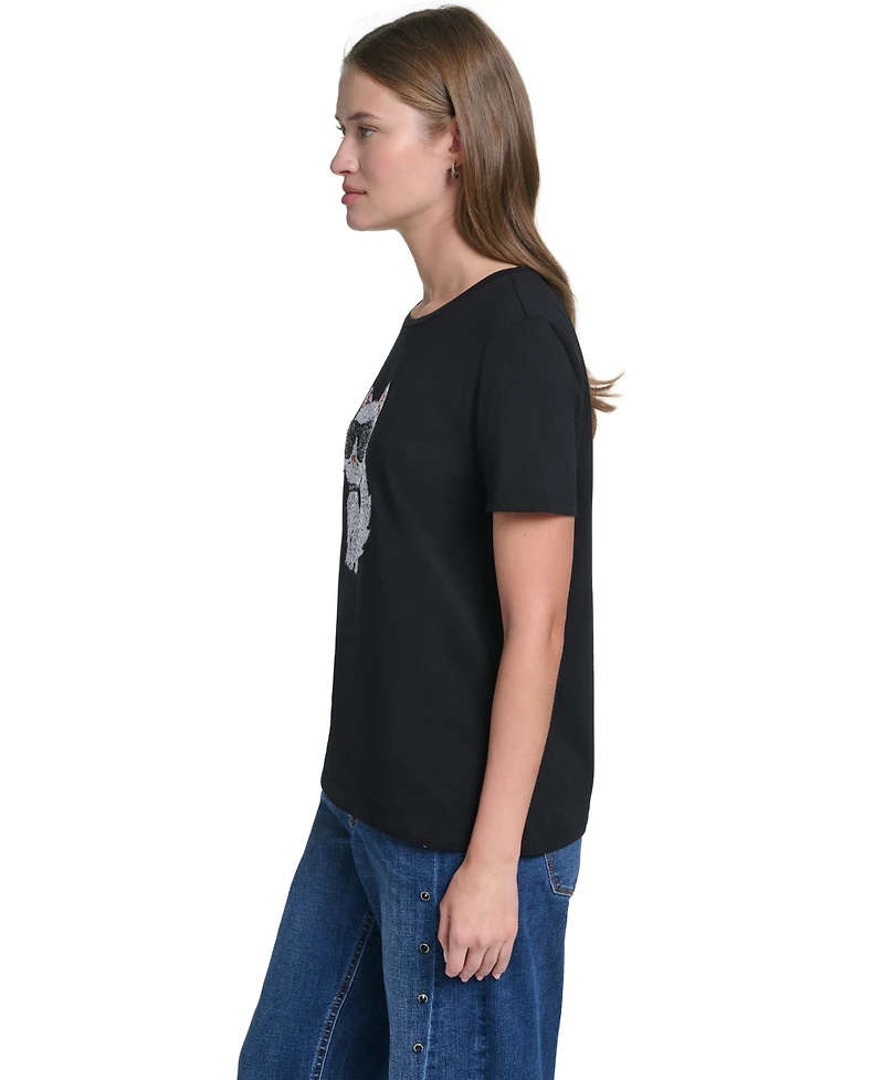 Karl Lagerfeld Paris Women's Sequin Choupette Crewneck T-Shirt