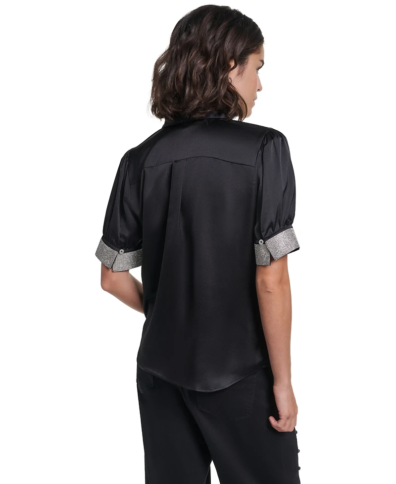 Karl Lagerfeld Paris Women's Satin Rhinestone-Cuff Button-Front Top