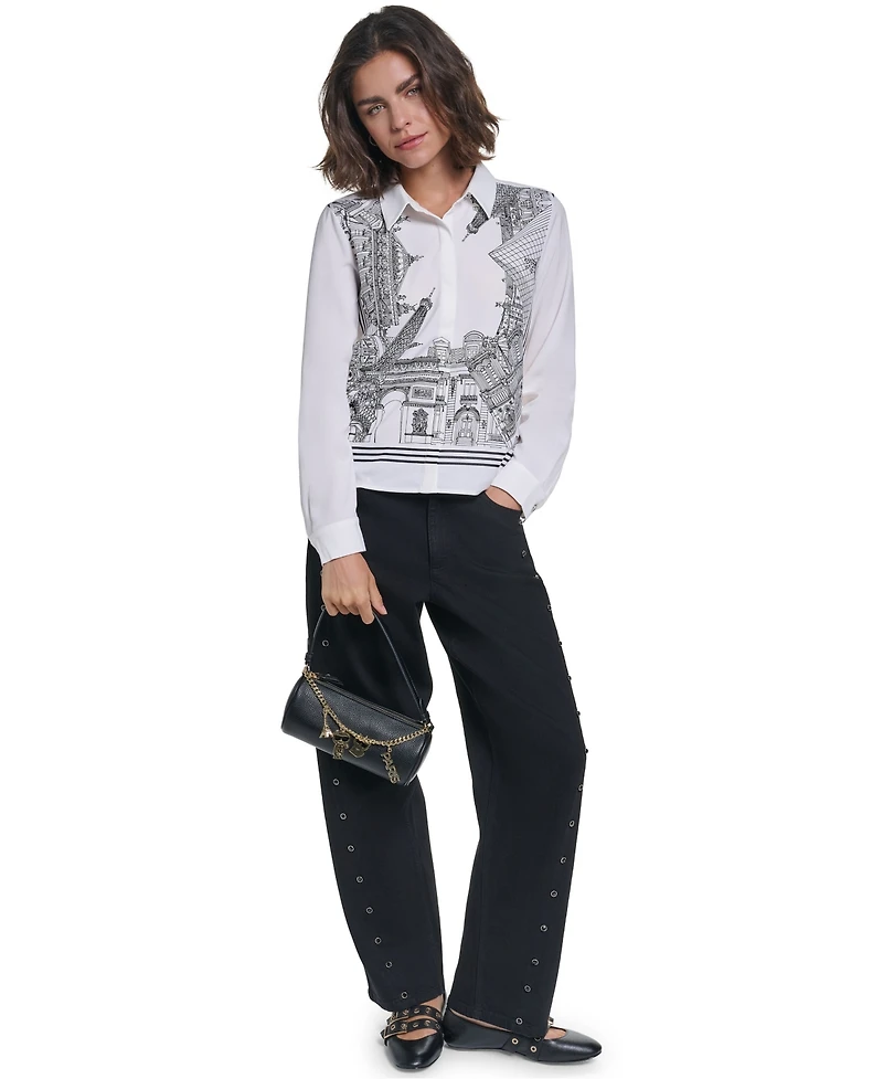 Karl Lagerfeld Paris Women's Placed Print Button Down Top