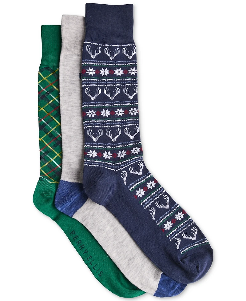 Perry Ellis Portfolio Men's Reindeer Fair Isle Novelty Crew Socks, 3-Pack