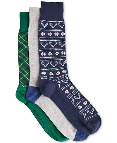Perry Ellis Portfolio Men's Reindeer Fair Isle Novelty Crew Socks, 3-Pack