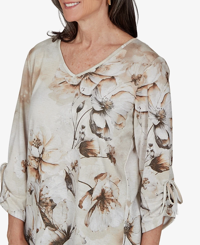 Alfred Dunner Petite Floral-Print 3/4-Sleeve V-Neck Blouse