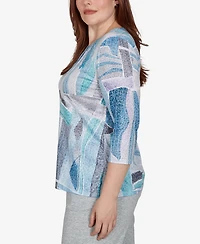 Alfred Dunner Petite 3/4-Sleeve Crewneck Abstract-Print T-Shirt