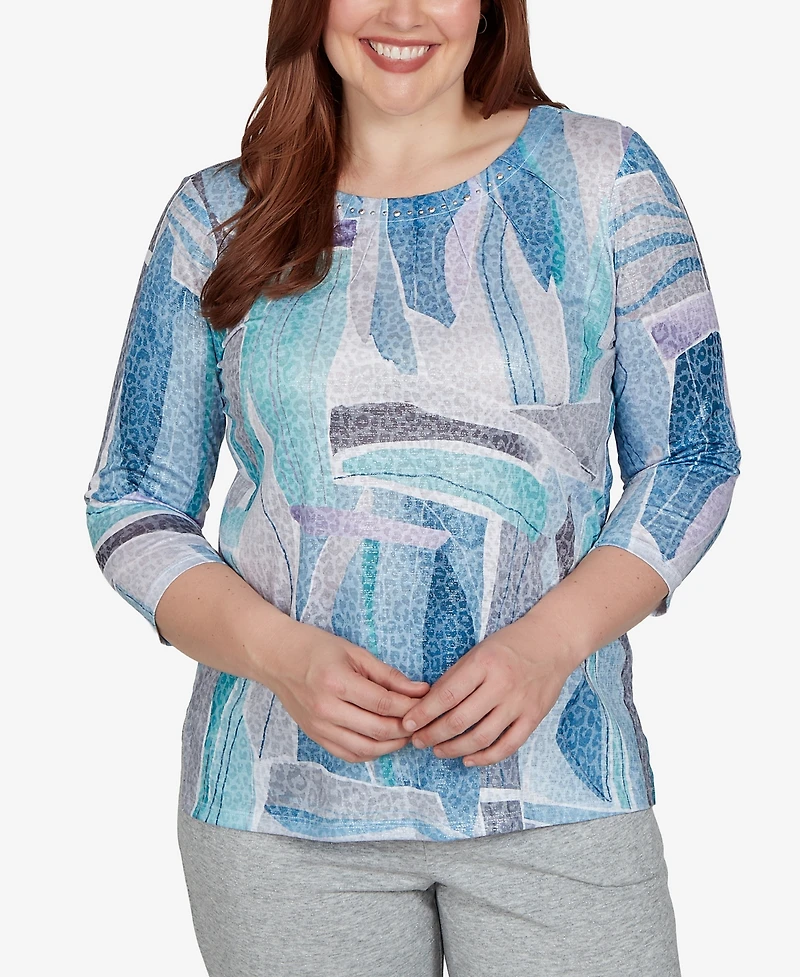 Alfred Dunner Petite 3/4-Sleeve Crewneck Abstract-Print T-Shirt