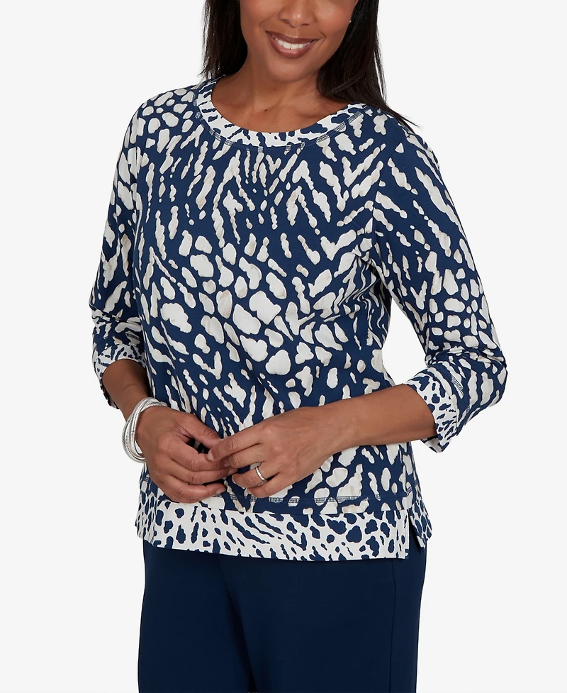 Alfred Dunner Petite Animal-Print Cotton-Blend 3/4-Sleeve T-Shirt