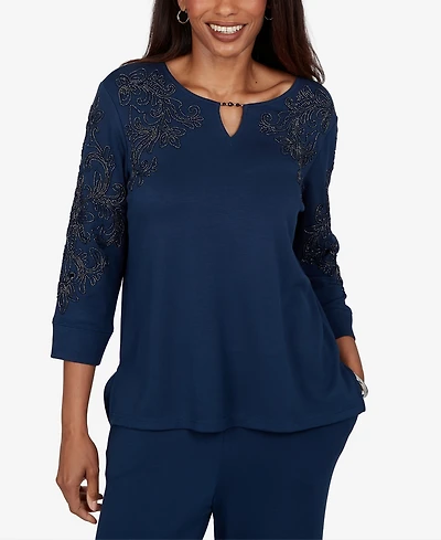 Alfred Dunner Petite Embellished Keyhole Neck 3/4-Sleeve Top