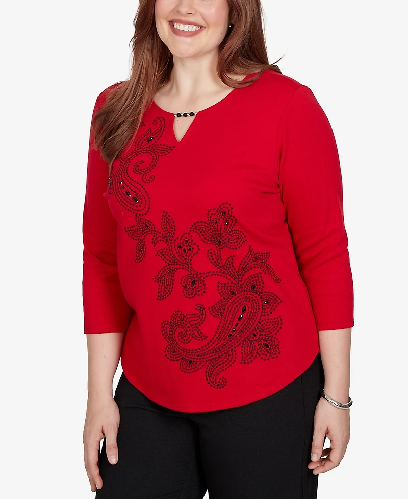 Alfred Dunner Petite Keyhole Neck Paisley 3/4-Sleeve Top
