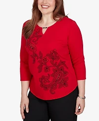 Alfred Dunner Petite Keyhole Neck Paisley 3/4-Sleeve Top