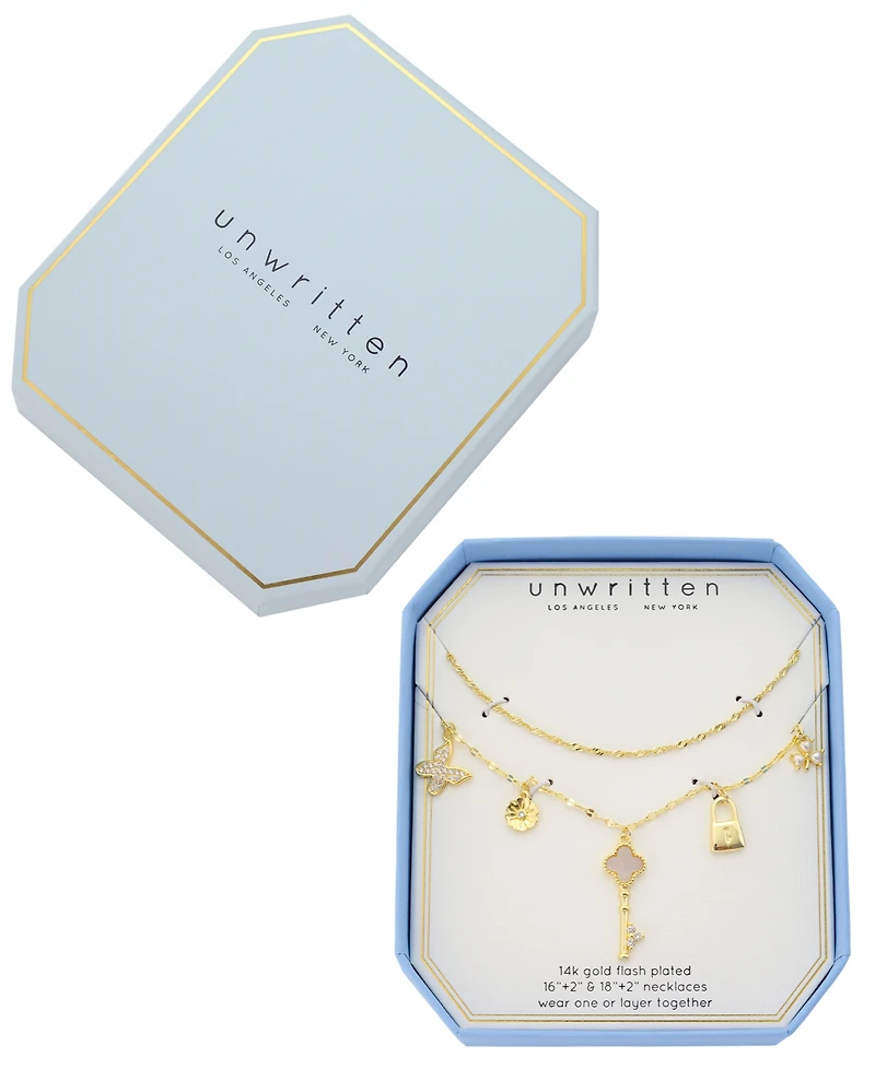 Unwritten Cubic Zirconia and Imitation Pearl Gold-Plated Lock and Key Charm Layered Necklace Set