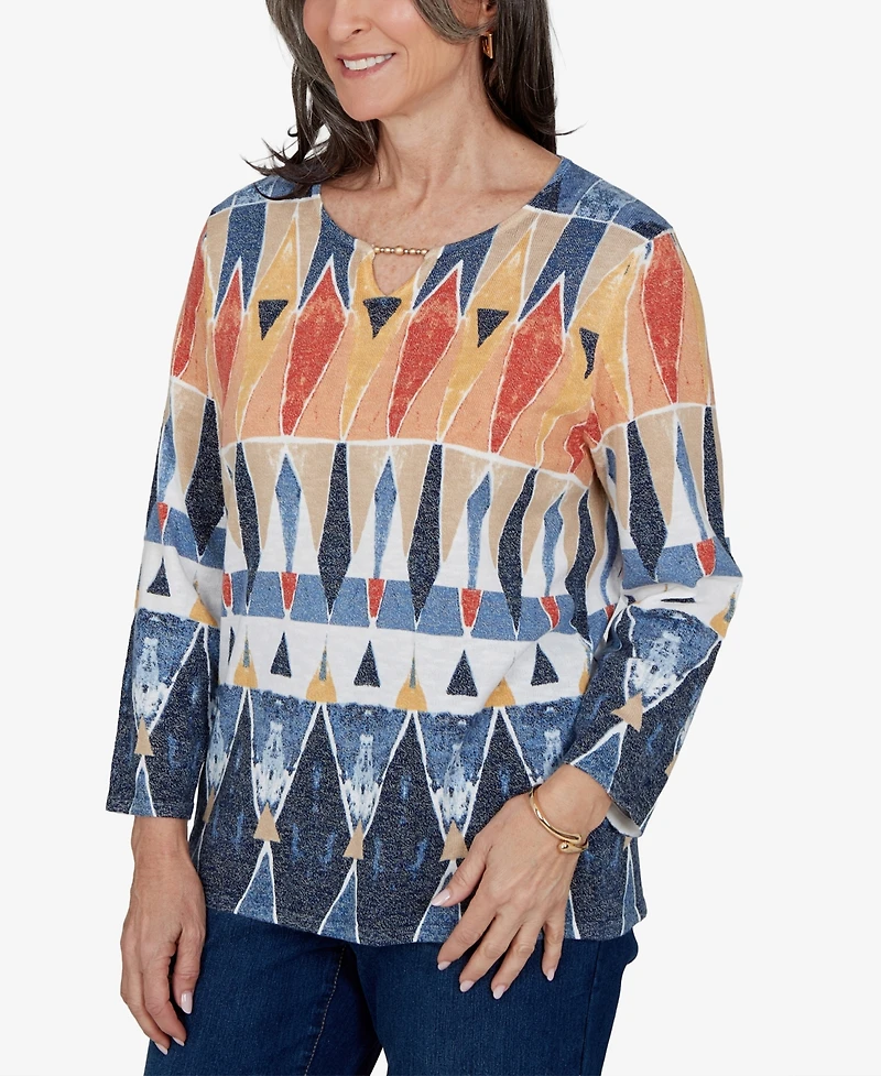 Alfred Dunner Women's Keyhole 3/4-Sleeve Geometric-Print Cotton-Blend Pullover