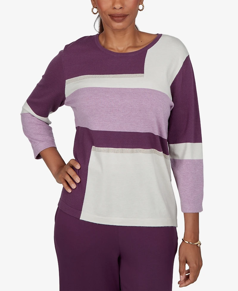 Alfred Dunner Women's Sweatr Colorblock 3/4-Sleeve Crewneck Pullover Sweater