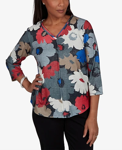 Alfred Dunner Women's Floral V-Neck 3/4-Sleeve Blouse