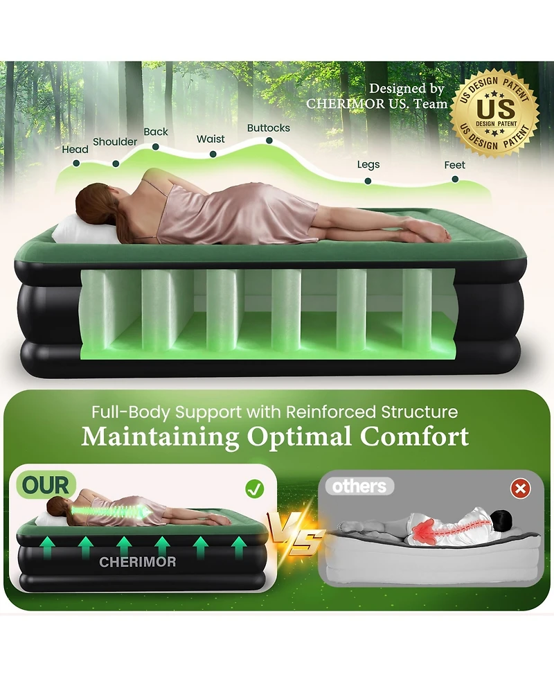 Cherimor 20.5" Pillow Top Queen Air Mattress, Built-in Pump and Pillow, 800 lb Support