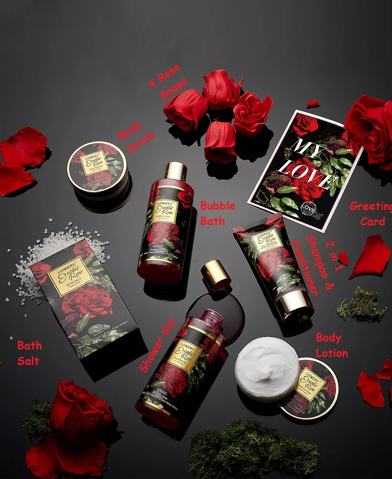 Lovery Exotic Rose Spa Gift Basket, 13pc Self Care Gift, Bath and Body Care Gift Set, Relaxing Stress Relief Gift
