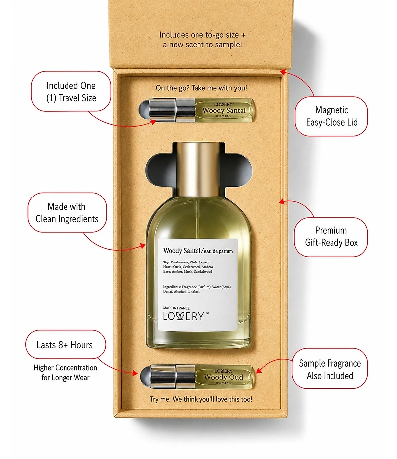 LoveryPlus Woody Santal Eau de Parfum 3pc Gift Set - 3.4fl oz Women Perfume Gift Set with 2 Mini Perfumes