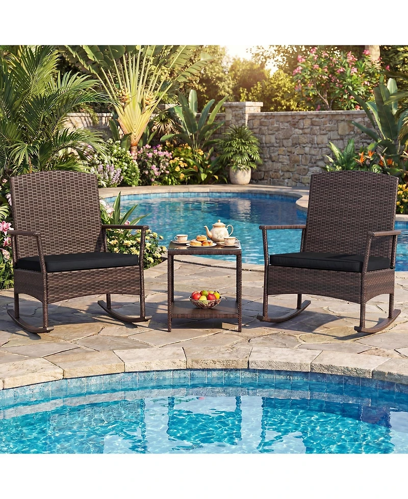 Gymax 3 Piece Patio Rocking Bistro Set 2 Rattan Armchairs with 2-Tier Tempered Glass Side Table