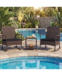 Gymax 3 Piece Patio Rocking Bistro Set 2 Rattan Armchairs with 2-Tier Tempered Glass Side Table
