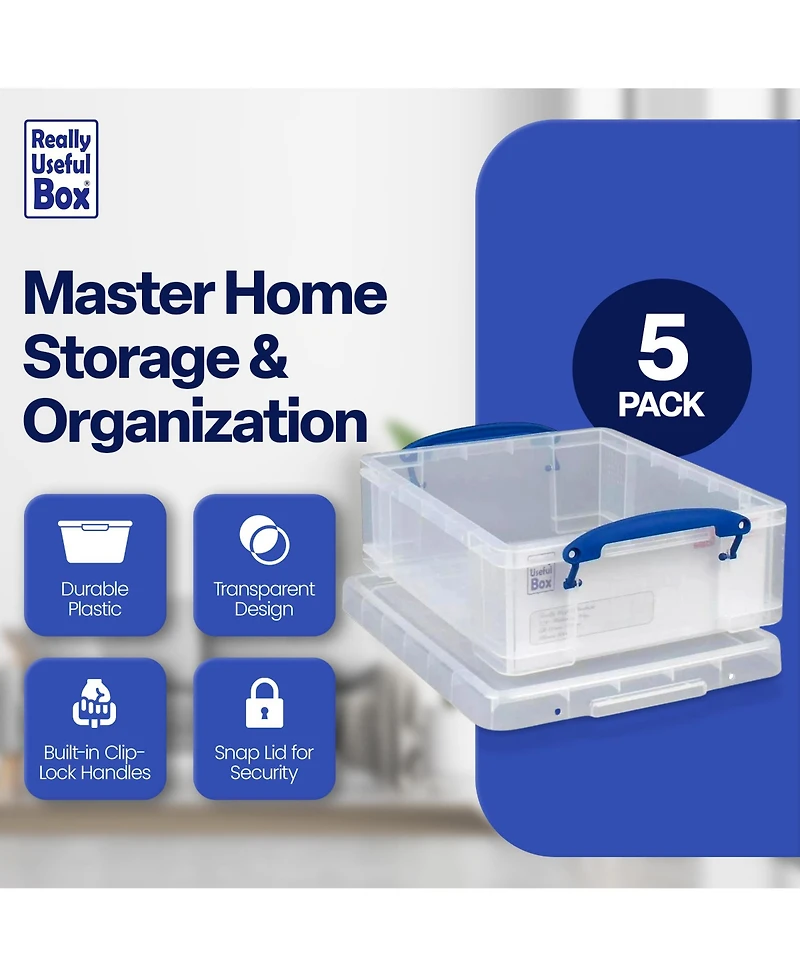 Really Useful Box 8.1L Plastic Storage Container with Clip Lock Handle (5 Pack)