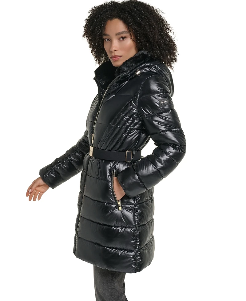 Karl Lagerfeld Paris Women's Belted Faux Fur Collar Hooded Puffer Coat