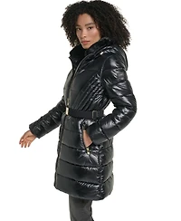 Karl Lagerfeld Paris Women's Belted Faux Fur Collar Hooded Puffer Coat