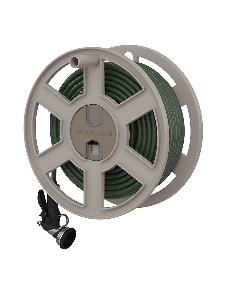 Suncast Sidewinder 100 Foot Wall Mount Garden Yard Outdoor Hose Reel, Taupe