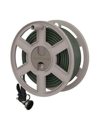 Suncast Sidewinder 100 Foot Wall Mount Garden Yard Outdoor Hose Reel, Taupe