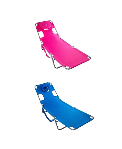 Ostrich Chaise Lounge Folding Sunbathing Poolside and Beach Chair, Pink and Blue