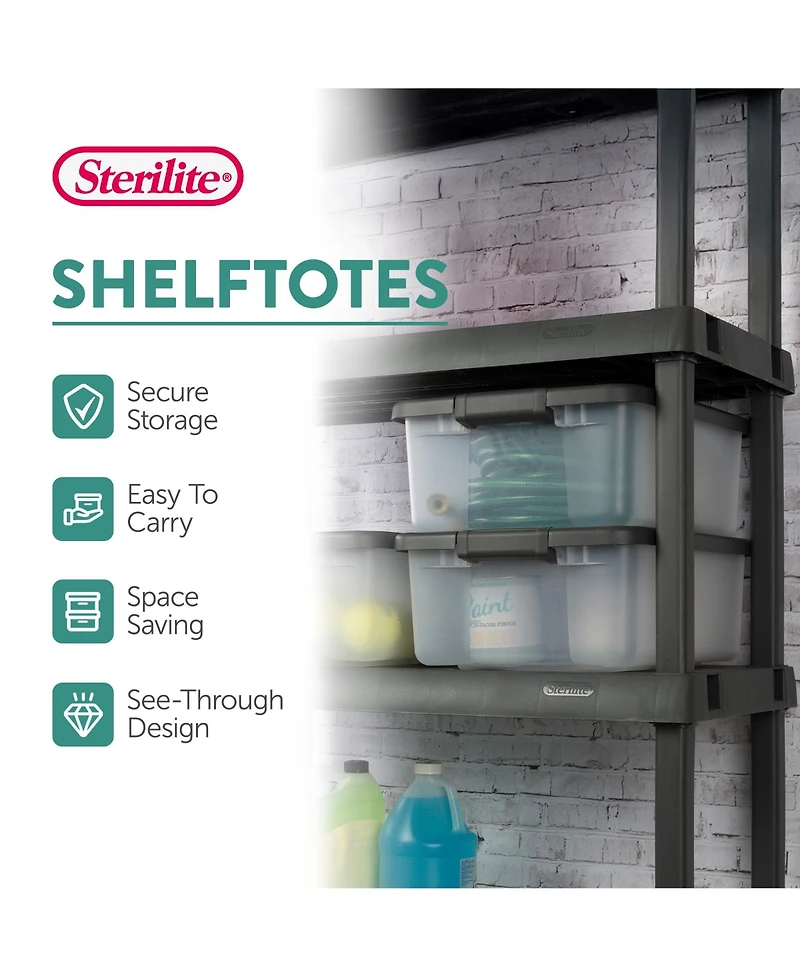 Sterilite 25 Quart Shelf Tote with Flat Gray Lid and Platinum Latches (18 Pack)
