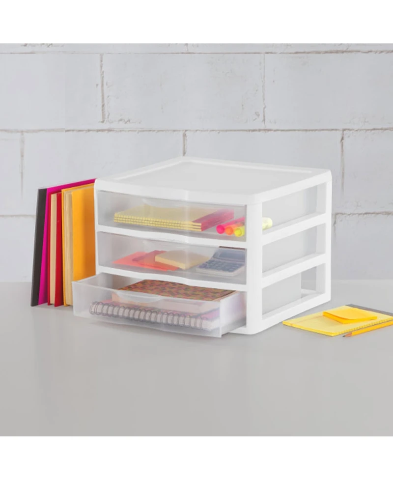 Sterilite Clear Plastic Stackable Small 3 Drawer Storage System, White, (9 Pack)