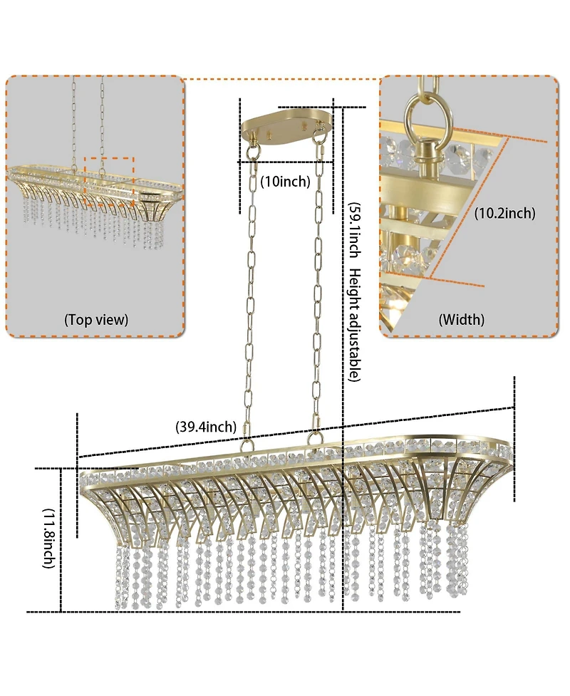 Clihome 39" Crystal Linear Rectangle Chandelier, Pendant Light with Cascading Beads (Bulb Not Included)