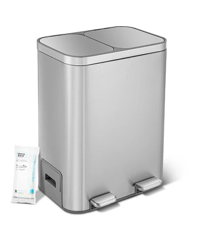 Home Zone Living 13 Gallon Dual Compartment Kitchen Trash Can with Recycling, Soft-Close Lids and Bag Storage, Brushed Stainless Steel, Silver