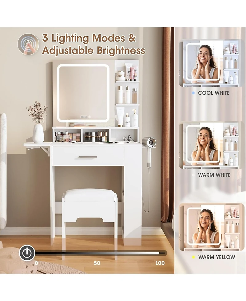 Vabches Small Vanity Desk with Lighted Mirror and Charging Station, Makeup Table with Drawer, Shelves and Stool