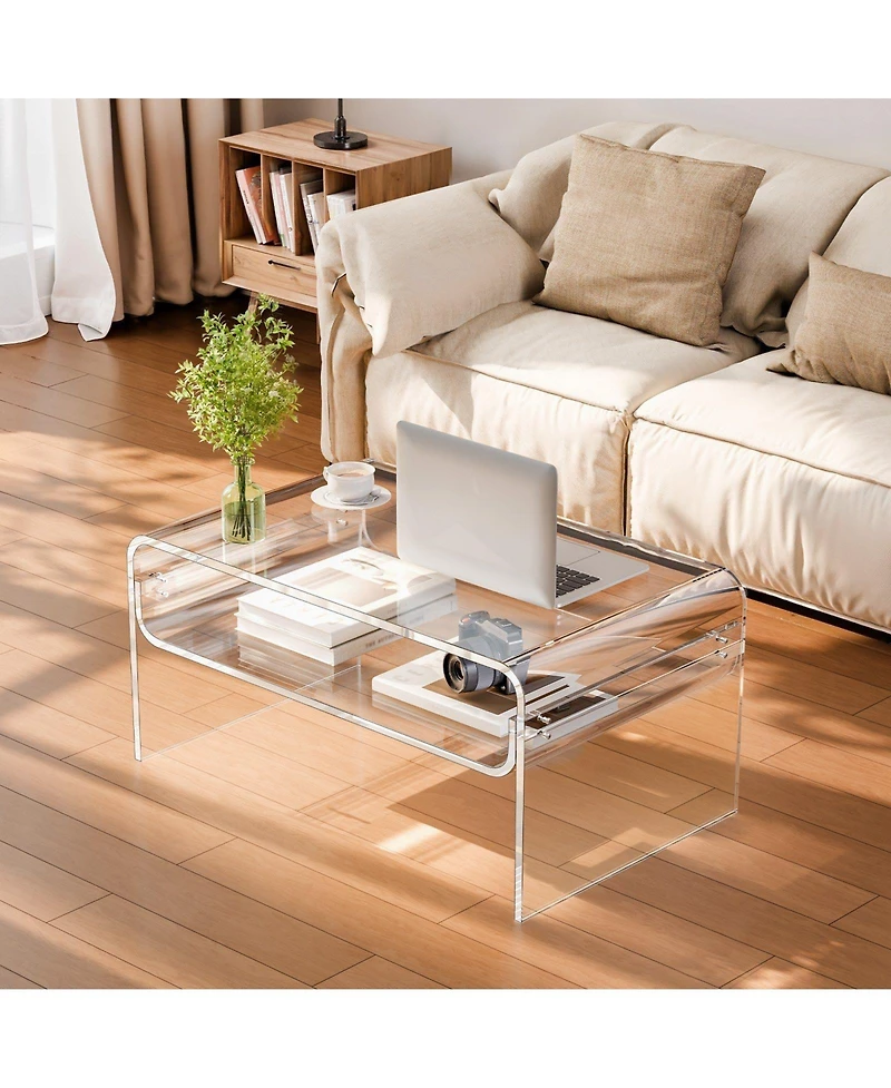 Slickblue Modern Acrylic Coffee Table with Storage Shelf and Rectangle Top