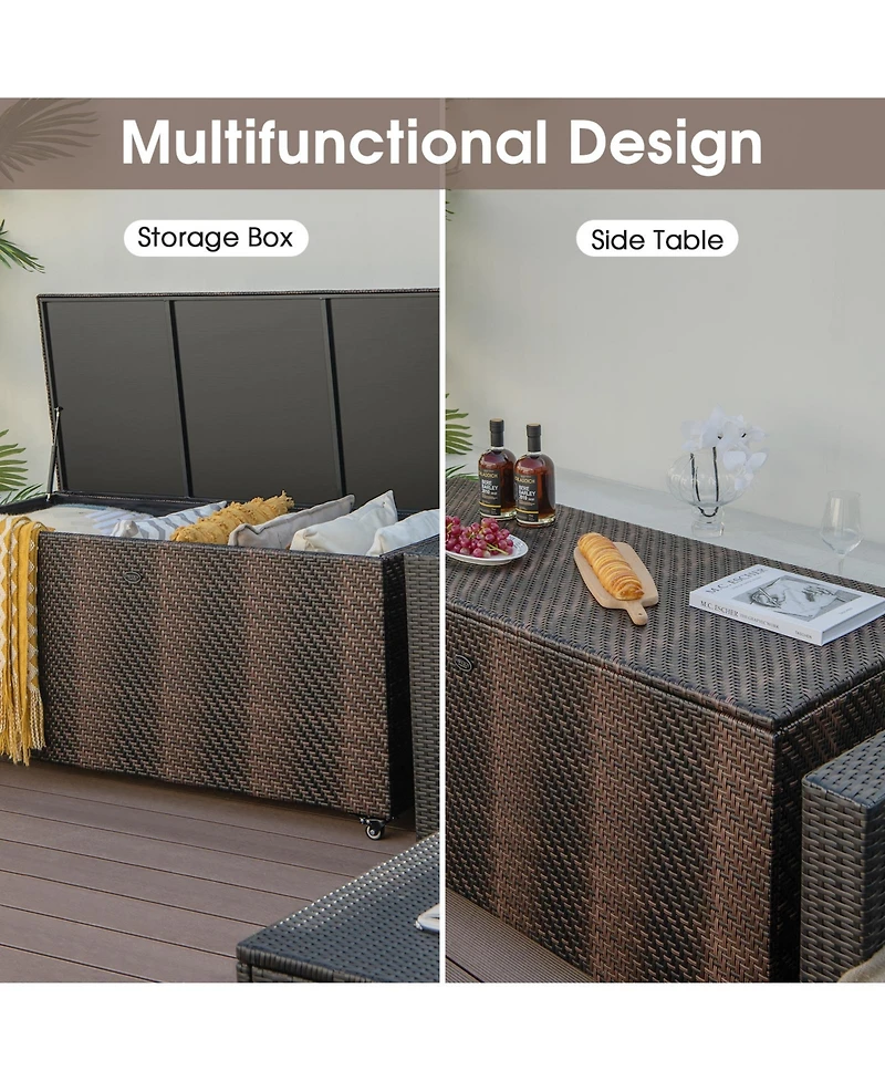 Mecale 96-Gallon Wicker Deck Box on Wheels, Rolling Patio Cushion Storage