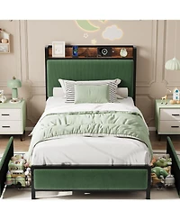gaomon Twin-xl Size Bed Frame with 2 Drawers and Charging Station-Upholstered Headboard Bed with Led Lights, Under Bed Storage
