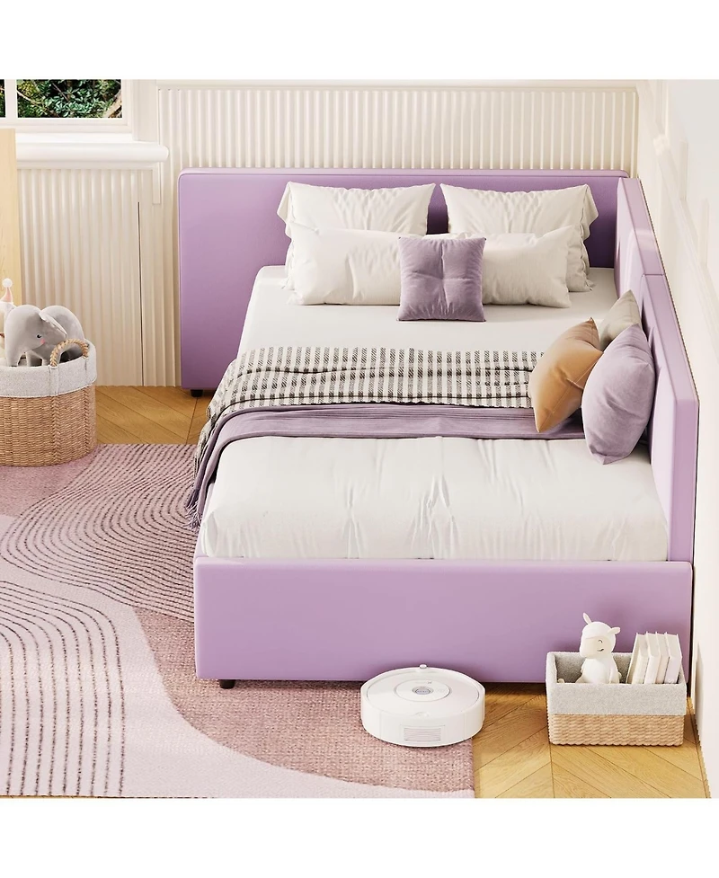 gaomon Twin Daybed with Extended Headboard, Corner Bed Frame with Bed Rails, Velvet Upholstered Sofa Bed with Guardrail for Bedroom, Guest Room